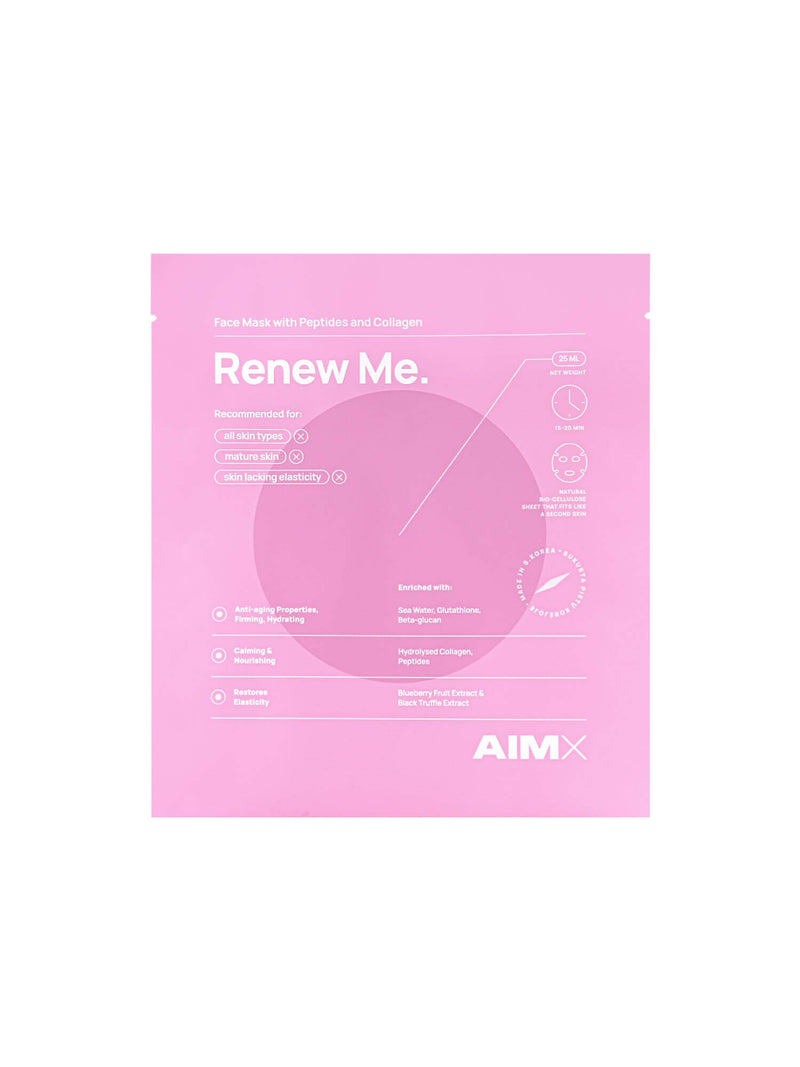 Renew Me, sheet mask, face mask, gezichtsmasker, natural skincare, natuurlijke huidverzorging, AIMX, skin glow
