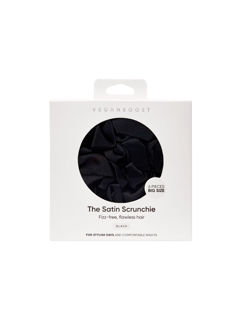 satin scrunchie, satijnen scrunchie, scrunchie, scrunchies, vegan, natuurlijk, Veganboost, dikke scrunchie, big scrunchie, scrunchie zwart, fizz-free, Nourished