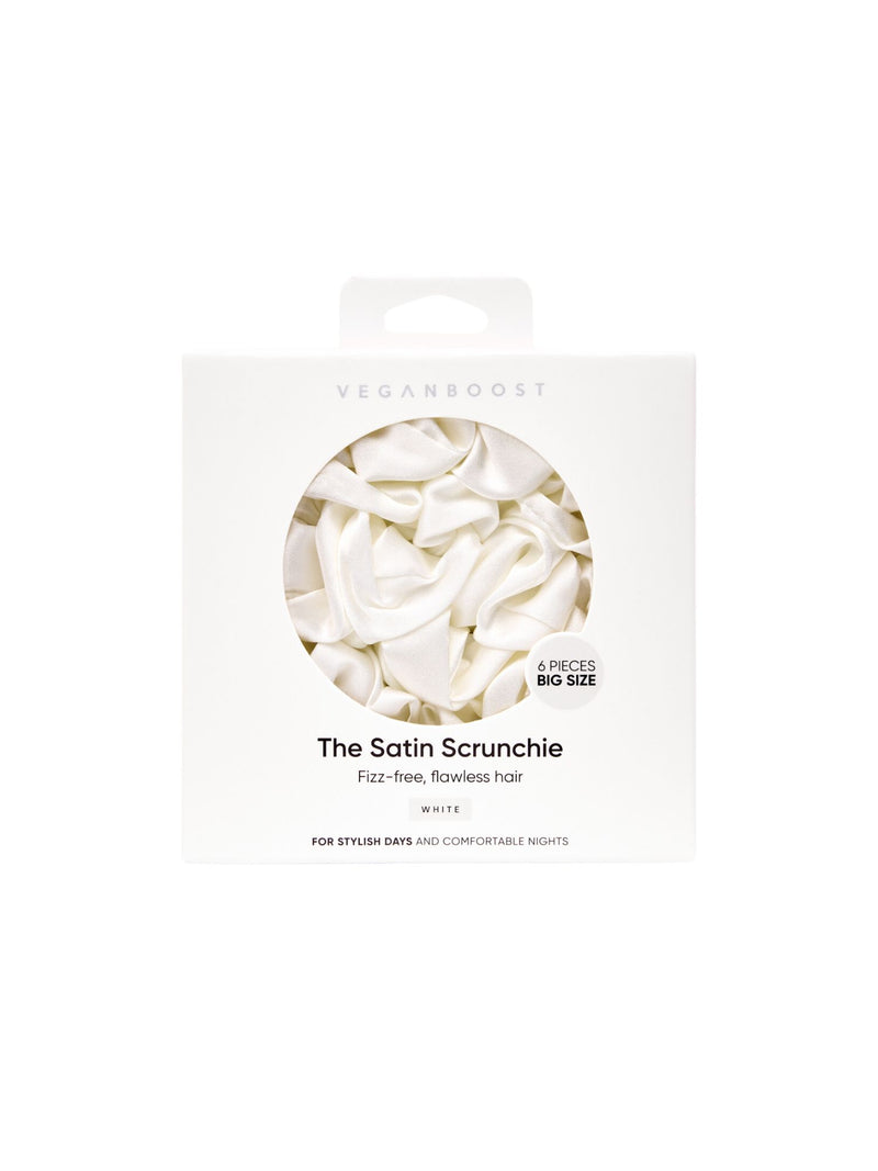 satin scrunchie, satijnen scrunchie, scrunchie, scrunchies, vegan, natuurlijk, Veganboost, dikke scrunchie, big scrunchie, scrunchie white, fizz-free, Nourished