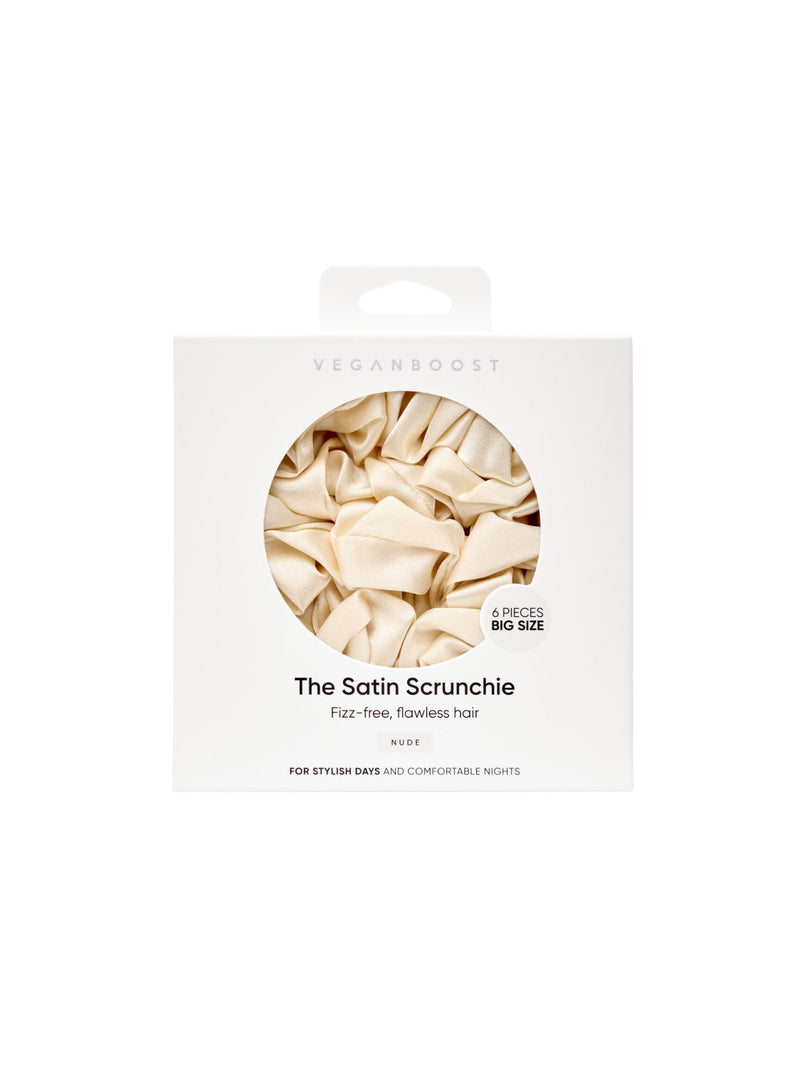 satin scrunchie, satijnen scrunchie, scrunchie, scrunchies, vegan, natuurlijk, Veganboost, dikke scrunchie, big scrunchie, scrunchie nude, fizz-free, Nourished