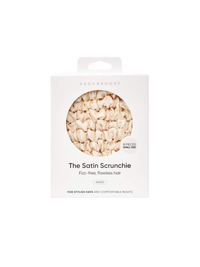 satin scrunchie, satijnen scrunchie, scrunchie, scrunchies, vegan, natuurlijk, Veganboost, kleine scrunchie, small scrunchie, scrunchie nude, fizz-free, Nourished