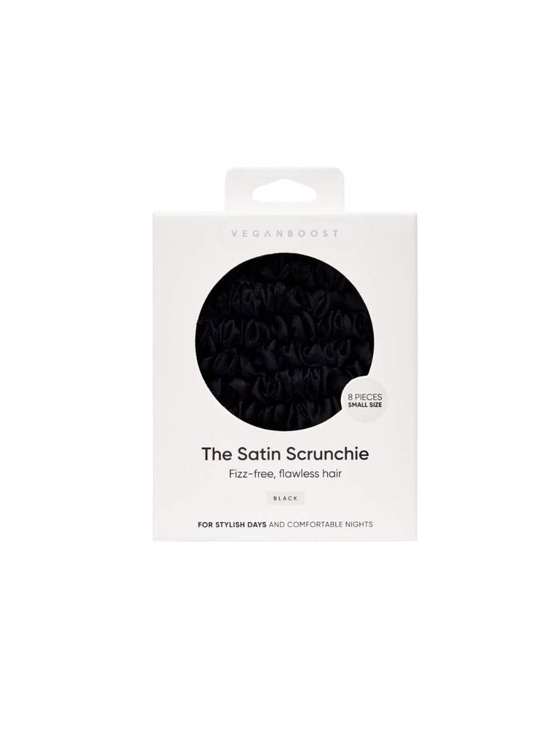 satin scrunchie, satijnen scrunchie, scrunchie, scrunchies, vegan, natuurlijk, Veganboost, kleine scrunchie, small scrunchie, scrunchie black, fizz-free, Nourished