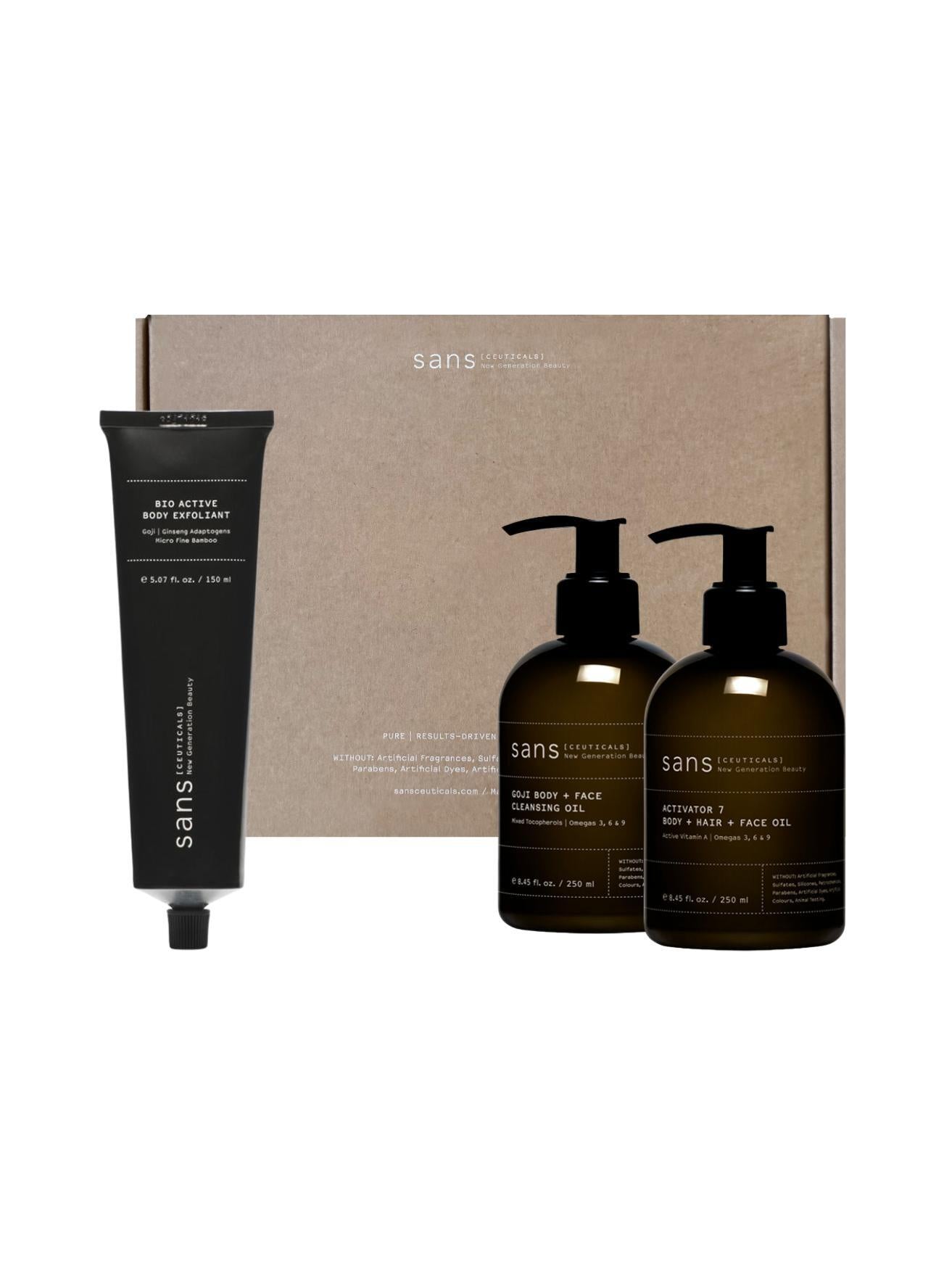 Sans[ceuticals] en Nourished Nederland, Official Sans[ceuticals] distributor, Sans[ceuticals] Goji Body & Face Cleansing Oil, Bio Active Exfoliant, Activator 7 Body + Hair + Face Oil, natural skincare, cleansing, kit