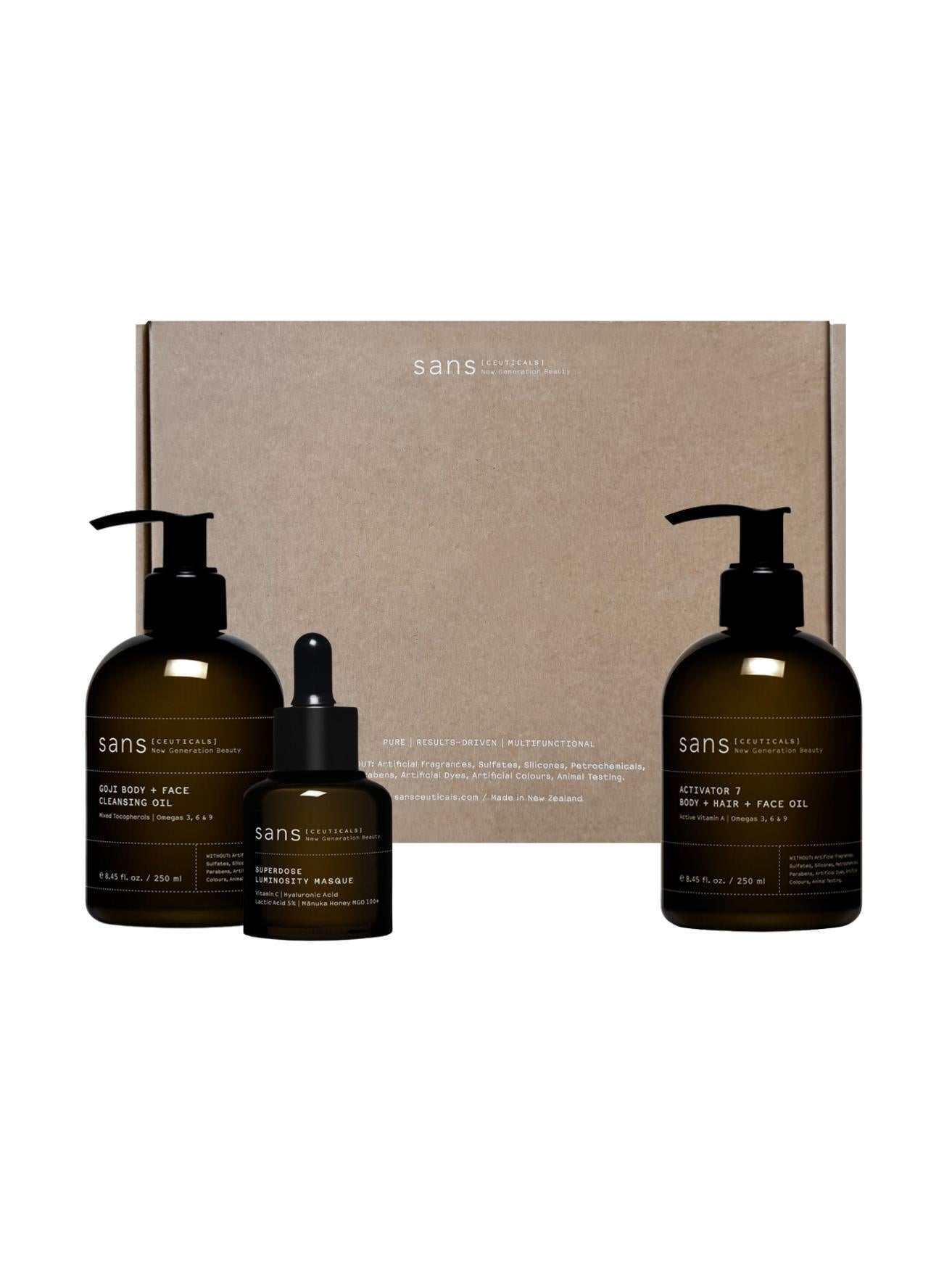 Sans[ceuticals] en Nourished Nederland, Official Sans[ceuticals] distributor, Sans[ceuticals] Goji Body & Face Cleansing Oil, Superdose Luminosity Masque, Activator 7 Body + Hair + Face Oil, natural skincare, cleansing, kit