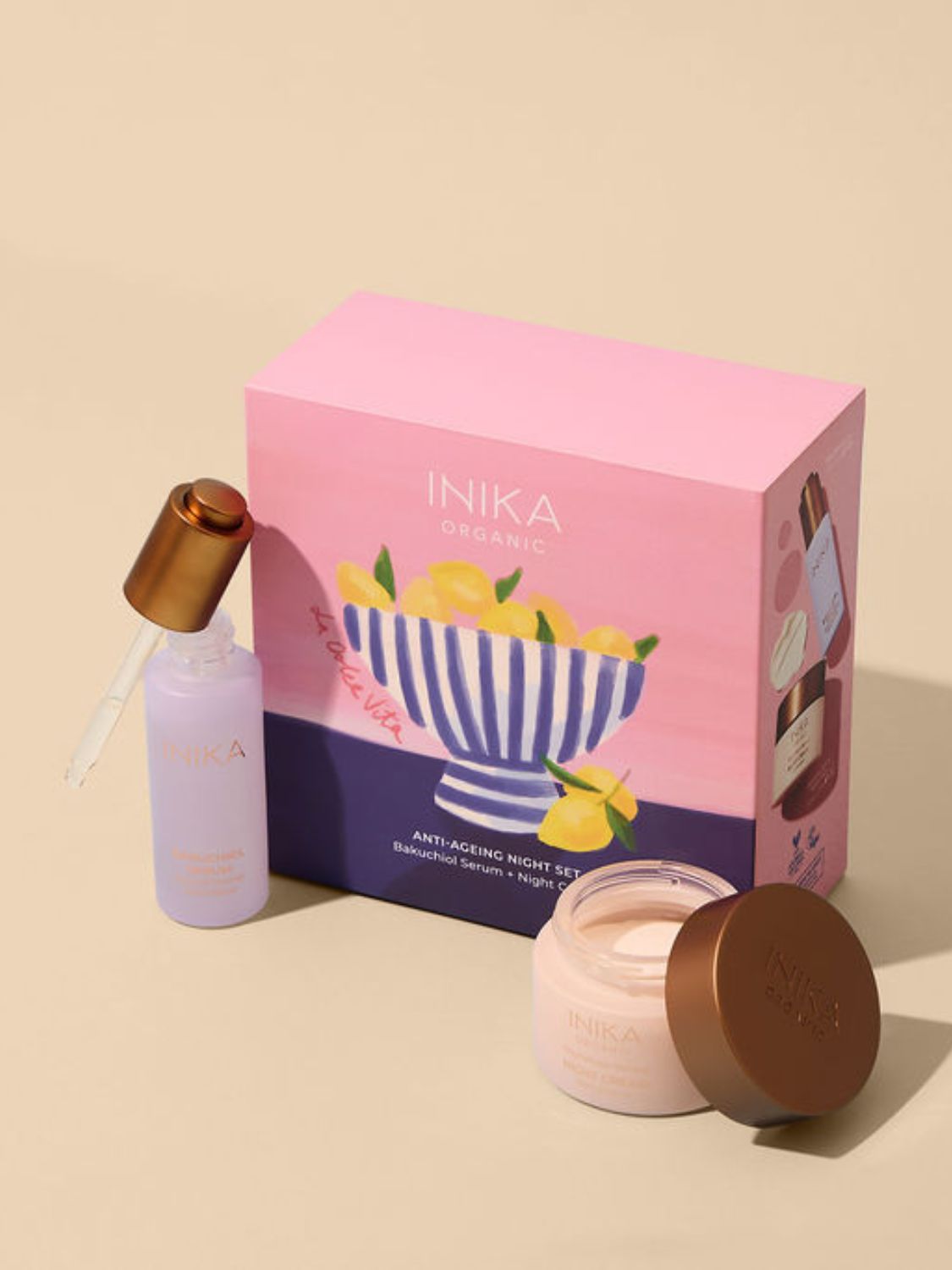 Anti-Aging Night Duo, bakuchiol serum, night cream, Inika Organic, Nourished