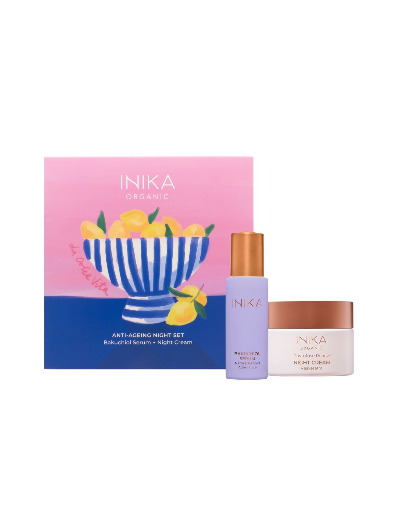 Anti-Aging Night Duo, bakuchiol serum, night cream, Inika Organic, Nourished