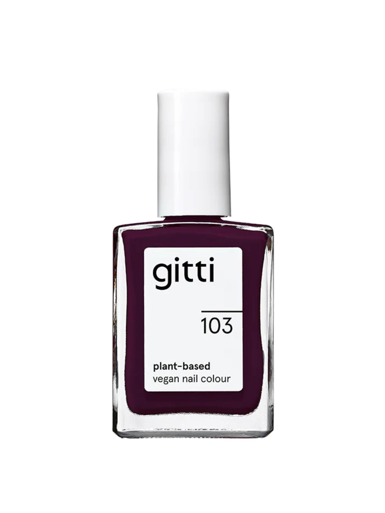 Aubergine, no. 103, Gitti, natural nail polish, natuurlijke nagellak, donker paarse nagellak, dark purple nail polish, plant-based nail polish, vegan nail colour, vegan, nail care, nagelverzorging, 23-free, PETA certified, Nourished