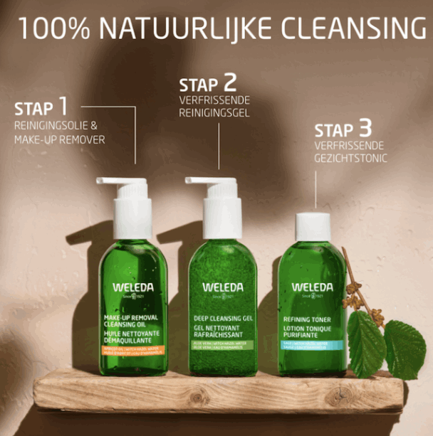 Cleansing oil, makeup remover, cleansing gel, refining tonic, skincare, natural skincare, natuurlijke huidverzorging, gezichtsreiniger olie, gezichtsreiniger gel, toner, Weleda, vegan, organic skincare, Nourished