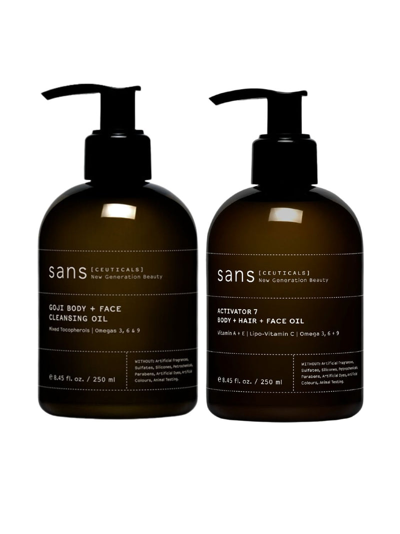 Complexion Perfection Duo, Sans ceuticals, goji cleansing oil, activator 7 oil,vitamin c, body oil, face oil, cleanser, makeup remover, natural skincare, natuurlijke huidverzorging, vegan, Nourished