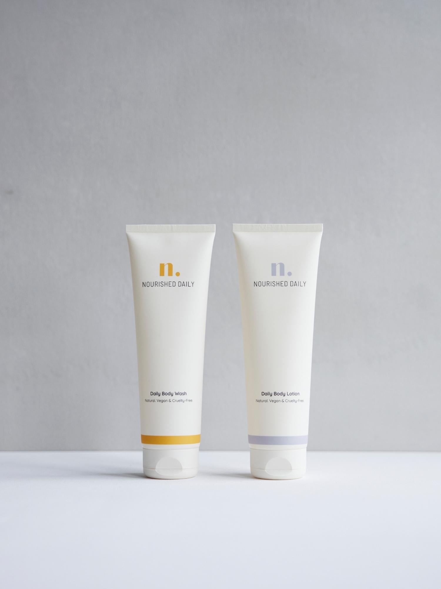 Daily body Duo. Daily body wash. Daily body lotion. Nourished Daily.Nourished.