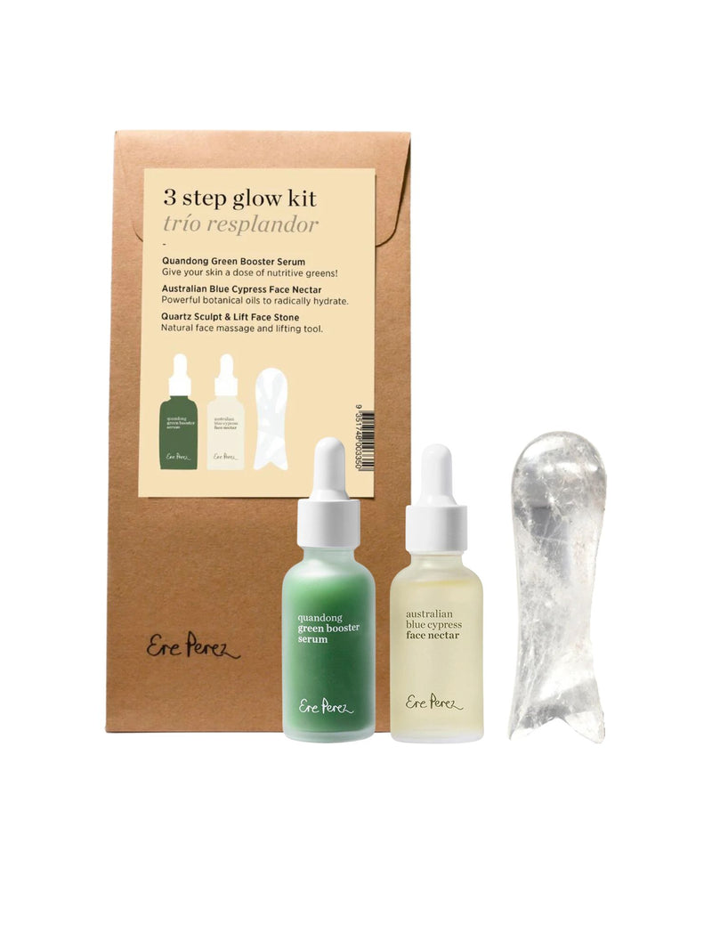 glow kit, 3 step glow kit, Ere Perez, ereperez, skincare, natural skincare, natuurlijke huidverzorging, quandong green booster serum, australian blue cypress face nectar, face oil, face sculptor, face stone, guasha, vegan beauty, Nourished