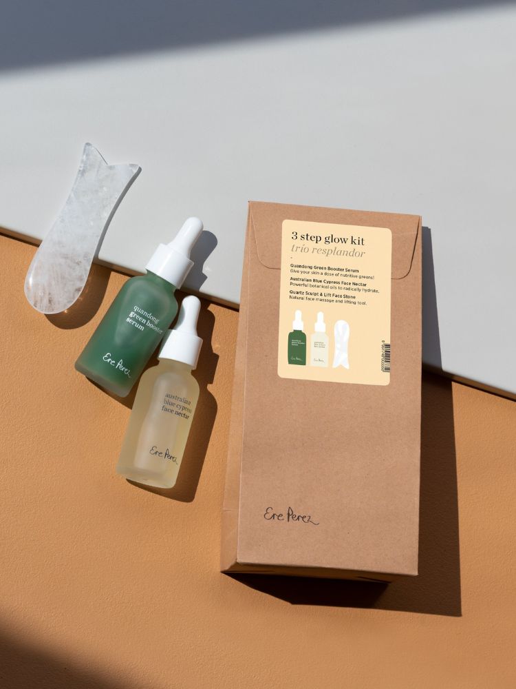 glow kit, 3 step glow kit, Ere Perez, ereperez, skincare, natural skincare, natuurlijke huidverzorging, quandong green booster serum, australian blue cypress face nectar, face oil, face sculptor, face stone, guasha, vegan beauty, Nourished