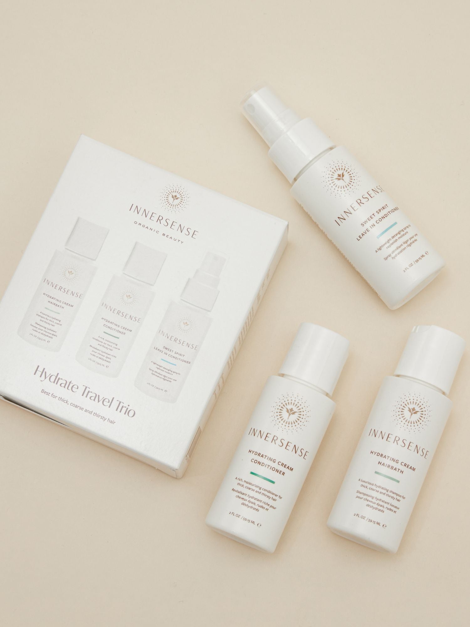 Hydrate Travel Trio, Pure Harmony Hairbath, Innersense, shampoo, natural shampoo, natural conditioner, natuurlijke conditioner, natuurlijke shampoo, vrij van sulfaten, free from sulfates, vrij van siliconen, free from silicones, haircare, haarverzorging, natural hair care, natuurlijke haarverzorging, gentle cleansing, CG method, Nourished