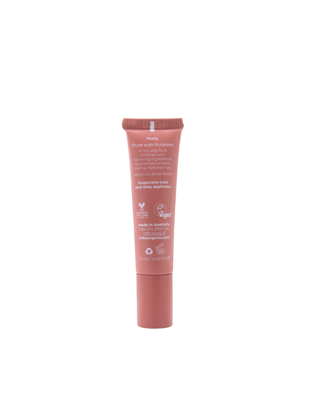 Tinted Lip Serum - Peony, peptide + ceramide, Inika Organic, Nourished