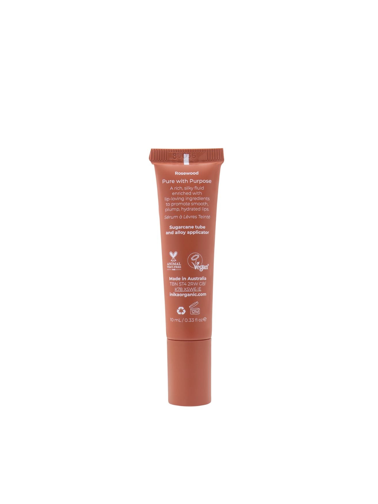 Tinted Lip Serum - Rosewood, peptide + ceramide, Inika Organic, Nourished