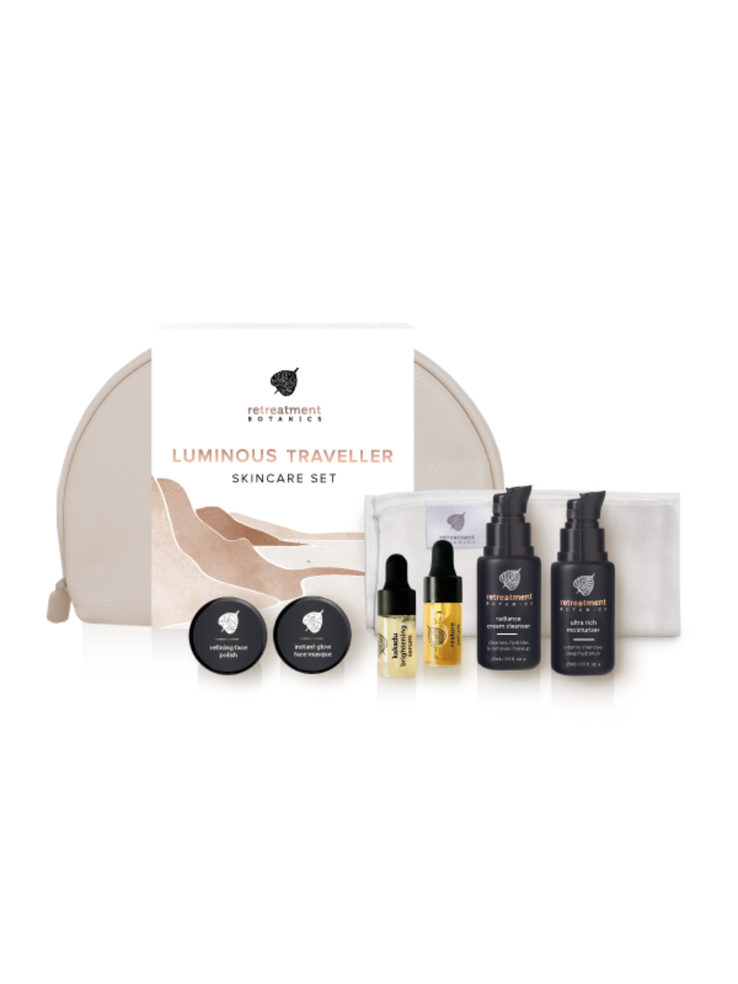 Luminous Traveler Skincare Set | Retreatment Botanics | Reisverpakking | Travel mini | Gift set | Cadeau | Natural Skincare | Natuurlijke Huidverzorging | Nourished