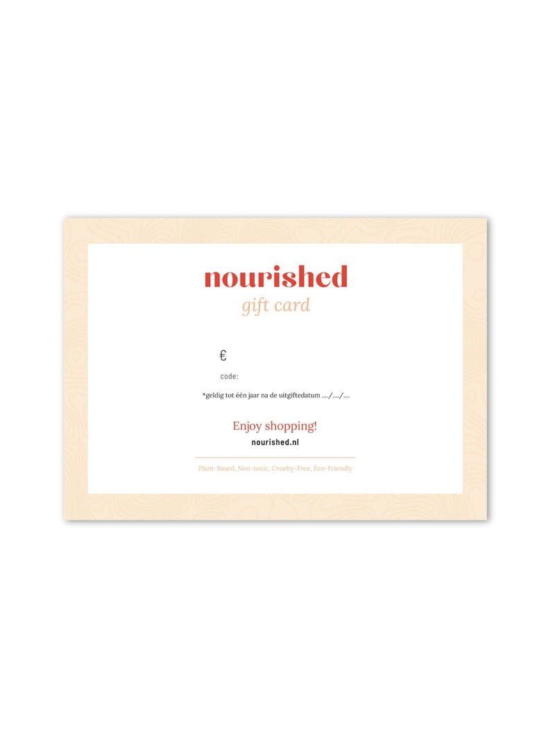 Gift card, cadeaukaart, cadeau bon, Nourished Nederland, groen cadeau, natural beauty, natuurlijke huidverzorgingsproducten