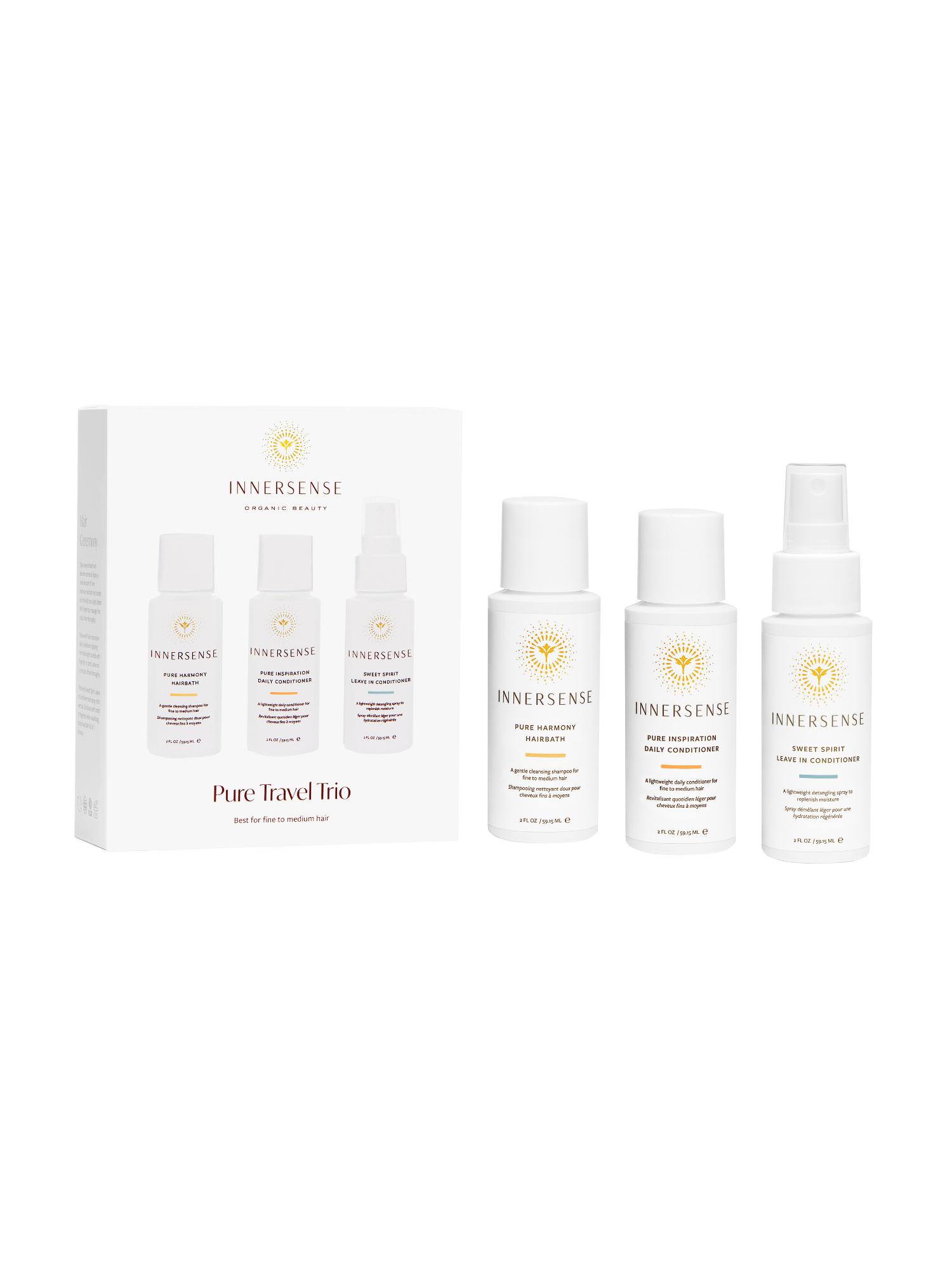 Pure Travel Trio, Pure Harmony Hairbath, Innersense, shampoo, natural shampoo, natural conditioner, natuurlijke conditioner, natuurlijke shampoo, vrij van sulfaten, free from sulfates, vrij van siliconen, free from silicones, haircare, haarverzorging, natural hair care, natuurlijke haarverzorging, gentle cleansing, CG method, Nourished