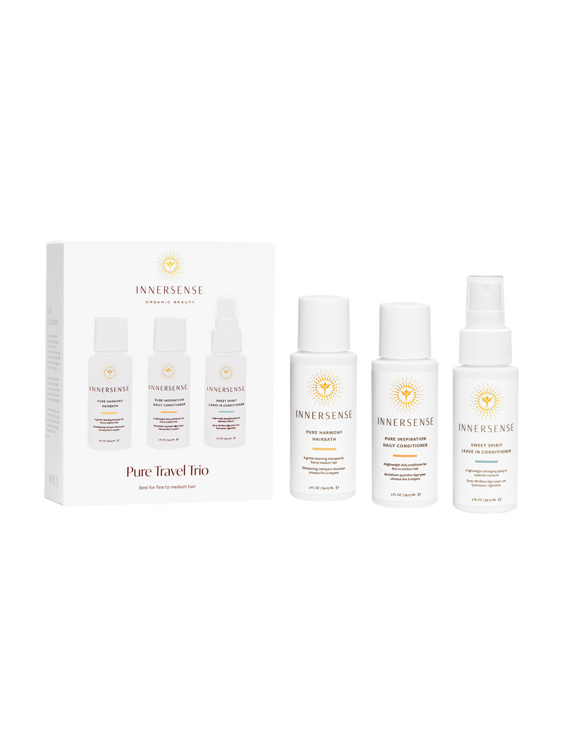 Pure Travel Trio, Pure Harmony Hairbath, Innersense, shampoo, natural shampoo, natural conditioner, natuurlijke conditioner, natuurlijke shampoo, vrij van sulfaten, free from sulfates, vrij van siliconen, free from silicones, haircare, haarverzorging, natural hair care, natuurlijke haarverzorging, gentle cleansing, CG method, Nourished