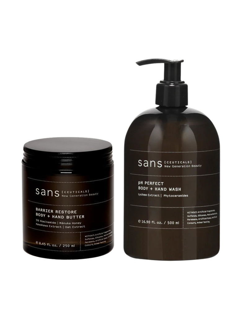 smooth hands and body duo, Sans ceuticals, barrier restore butter, ph perfect body wash, natural body care, natuurlijke huidverzorging, hand cream, hand lotion, body wash, body, shower, vegan, Nourished