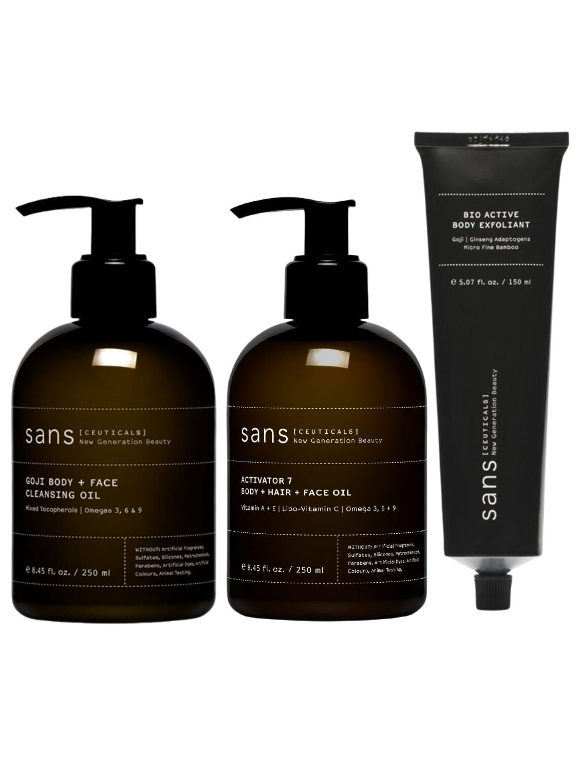 Super smooth complexion trio, Sans ceuticals, activator 7 oil, goji cleansing oil, body active exfoliant, natural skincare, natural body care, body wash, natuurlijke huidverzorging, body lotion, exfoliant, oil cleanser, face oil, hair oil, vegan, Nourished