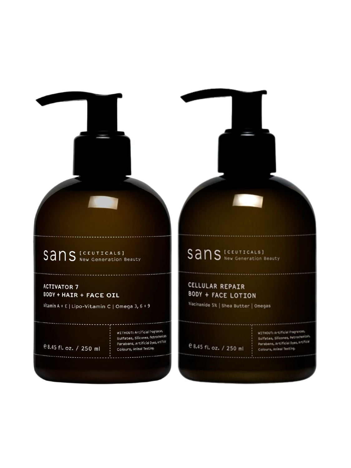 UV repair duo, Sans ceuticals, activator 7 oil, vitamin c, body oil, hair oil, face oil, cellular repair lotion, body lotion, face lotion, aftersun, natural skincare, natural body care, Nourished