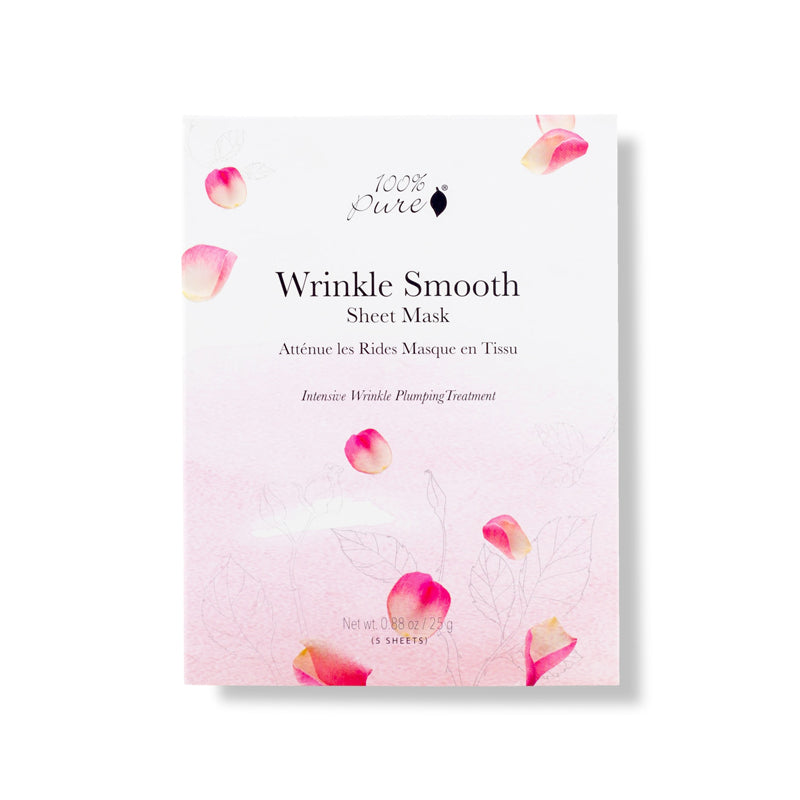 Wrinkle Smooth Sheet Mask, 100% Pure, Sheet Mask, Face Mask, Wrinkle Mask, Ageing Skin, rimpels en fijne lijntjes, gezichtsmasker, plumping treatment, Hyaluronic acid, hydration, increasing skin plumpness.  intensive treatment, skincare, face,anti-aging benefits, CoQ10,  vitamin C, suistainable,  free of artificial fragrances, chemical preservatives, harsh detergents and unhealthy, toxic ingredients.