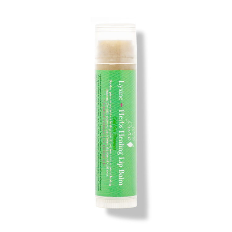 Lysine + Herbs Lip Balm, lip treatment, made with hydrating coconut and soothing lysine, amino acid, alleviates burning, itching, and irritation associated with cold sores, verkouden, jeuk, irritatie, gebroken lippen, droge lippen, lipverzorging, lipbehandeling, soothing, hydrating, healing propolis, healing, natural, dierproefvrij, cruelty-free, gluten-free, gluten vrij, natuurlijk, 100% pure, nourished, nourishedeu
