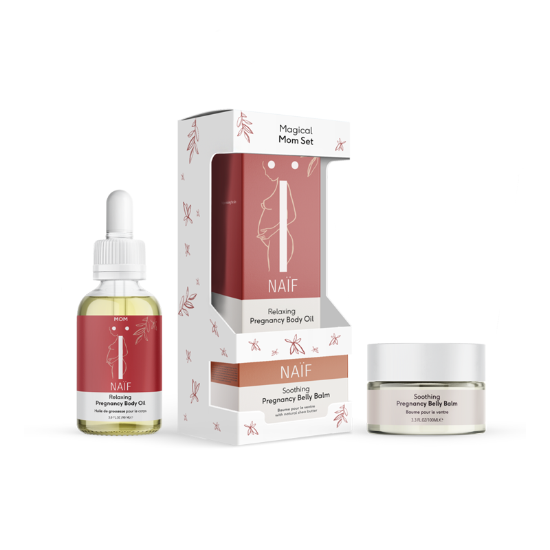 Magical Mom Set, Relaxing Pregnancy Body Oil, Soothing Pregnancy Belly Balm, Made in the Netherlands. Dermatological tested. Hypoallergenic Fragrance Free from Microplastics. Free from Hormones, Free from Essential Oils. Alcohol Free. Nausea-Proof 100% Vegan. Pregnancy, pregnancy gift, zwangerschapscadeau, kraamcadeau, gevoeligehuid, striae, stretch marks, delicate skin, baby, babybelly, babybuik, massageolie, Naïf, Nourished, Nourishedeu